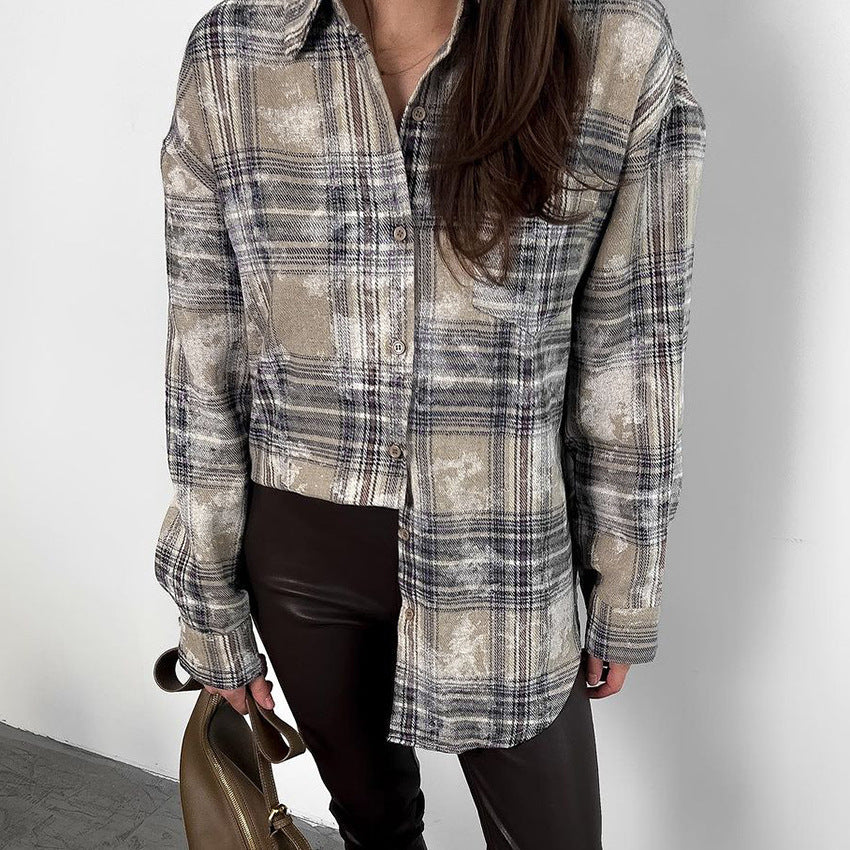 Spring Mid Length Cotton Niche Design Plaid Long Sleeve Shirt Shirt Women Clothing