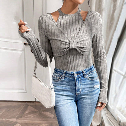 Ropa de mujer Camiseta sencilla y elegante Otoño Invierno Falso Dos Piezas Elegante Halter Top de Manga Larga