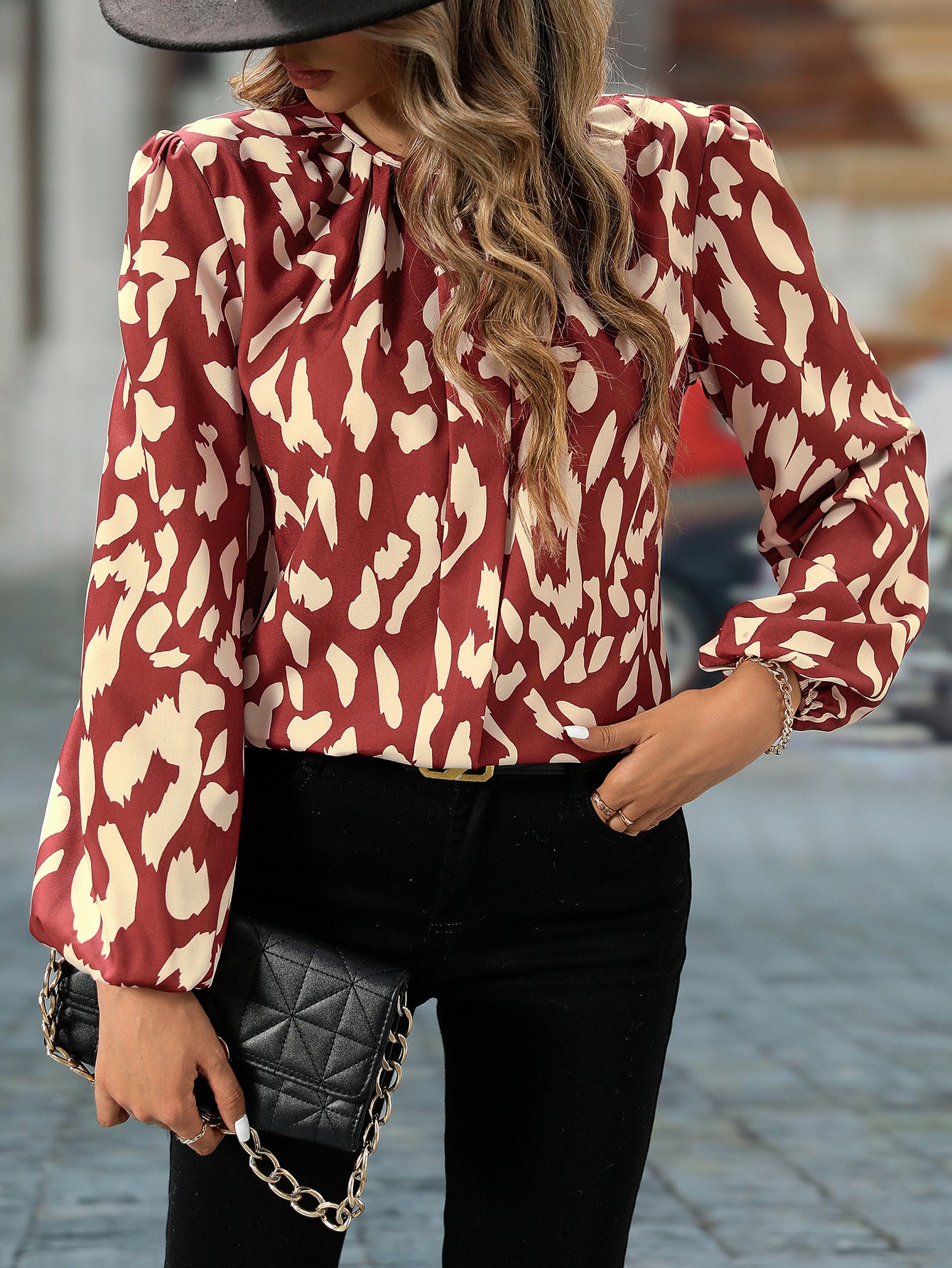 Women Clothing Best Seller Elegant Spring Autumn Lantern Sleeve Printing Long Sleeve Women Shirt