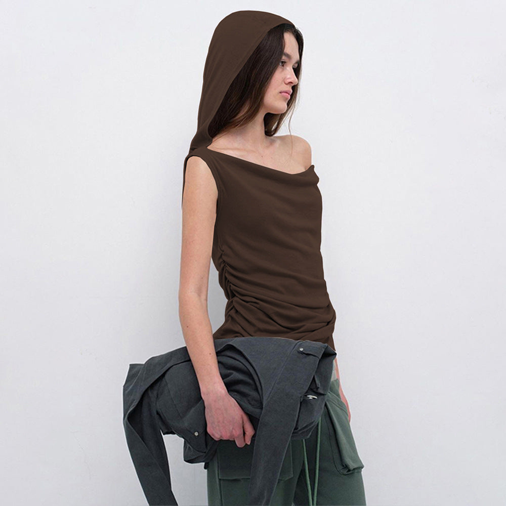 Trendy Niche Swing Collar Off Shoulder T Shirt Autumn Winter Simple High Sense Solid Color Slimming Top