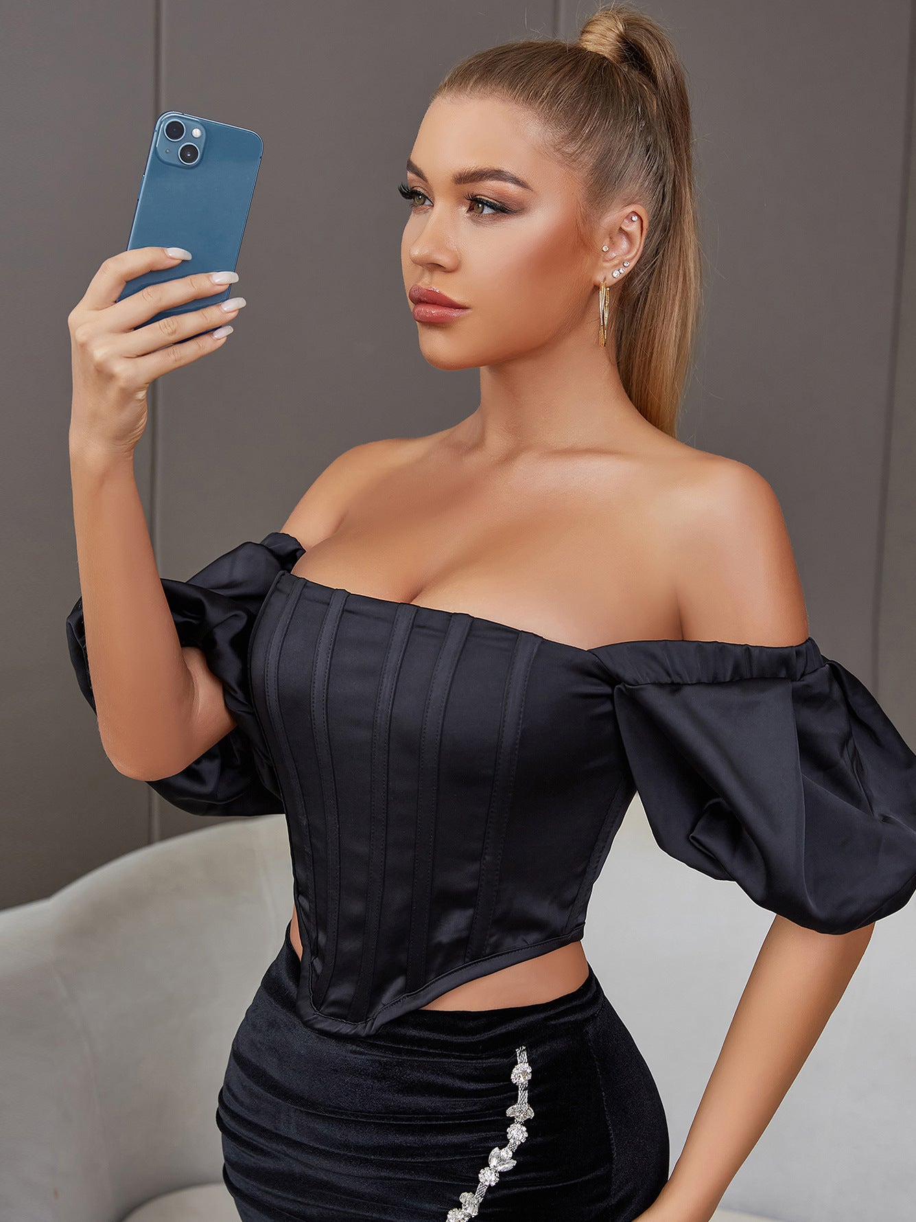 Summer off Shoulder Black Short Top Short Puff Sleeve Elegant Nightclub Tight Party Street Boning Corset Top