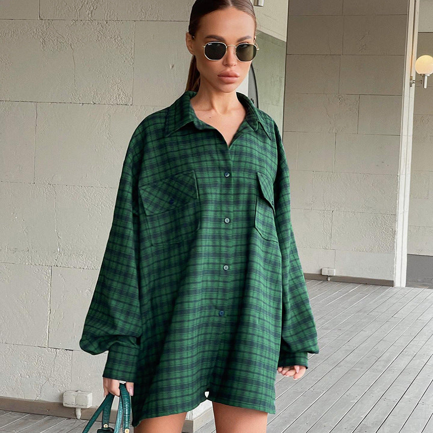 Women Clothing Retro Plaid Shirt Green Boyfriend Mid Length Loose Oversize Shirt