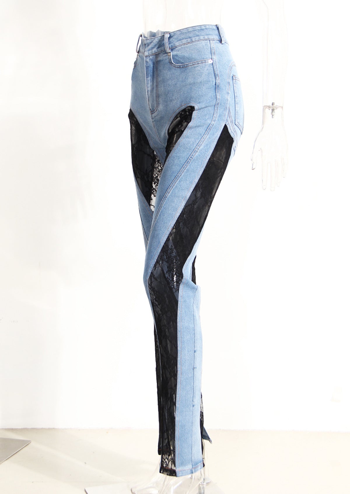 Nicho Deconstrucción Moda Sexy Línea Color Contraste Patchwork Encaje Alta Cintura Adelgazante Jeans Pantalones para Mujer