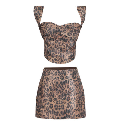 Sommer-Set für Damen, sexy, Leopardenmuster, Sling-Shorts, hohe Taille, kurzer Hüftrock, zweiteilig