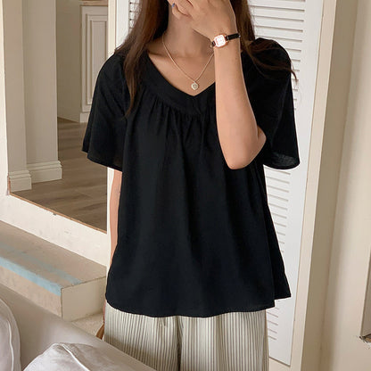 Simple V neck T shirt Women Summer Loose Comfortable Solid Color Figure Flattering Blouse Short Sleeved Top