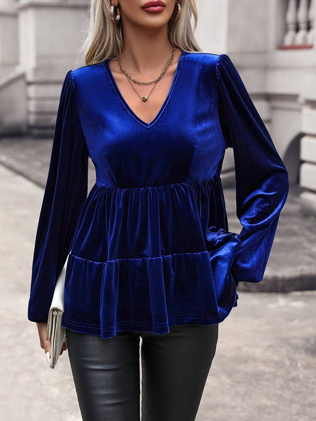 Small V neck Tight Waist Show Waistline Hem Pleated Long Sleeve Top