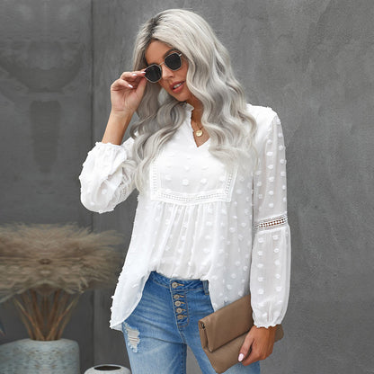 Lace Chiffon Shirt for Women Spring Autumn Solid Color Fur Ball V neck Puff Sleeve Long Sleeve Top