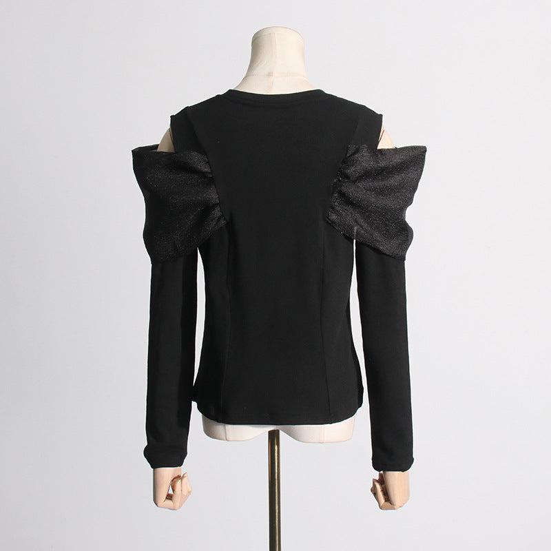 Spring Patchwork Bow Niche Design Black Long Sleeved T shirt Women Sneaky Design off Shoulder Top