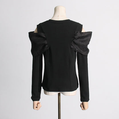 Spring Patchwork Bow Niche Design Black Long Sleeved T shirt Women Sneaky Design off Shoulder Top