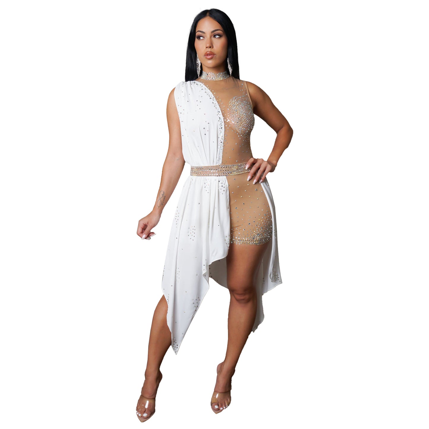 Sexy Slim Fit See through Sleeveless Irregular Asymmetric Hem Stitching Rhinestone Jumpsuit