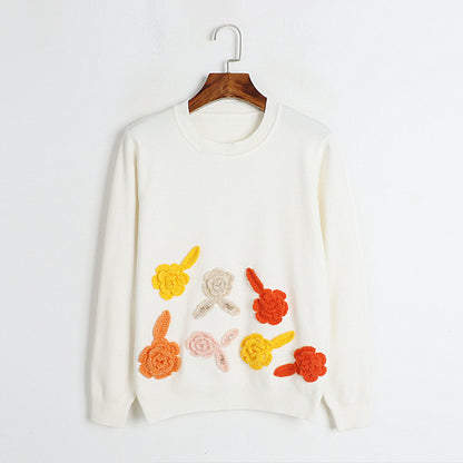 Top Autumn Winter Sweet Tridimensional Hand Crochet Floral Round Neck Sweater