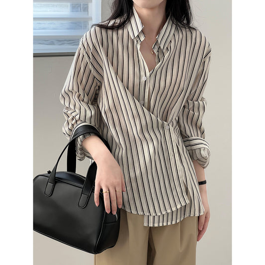 Camisa francesa de rayas verticales Camisa de manga larga de nicho de otoño para mujer