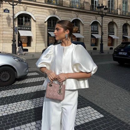 Primavera Verano Satén Manga Abullonada Top Corto Camisa Blanca Suelta