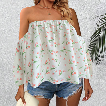 Women Clothing Off Shoulder Printed Shirt Vacation Top