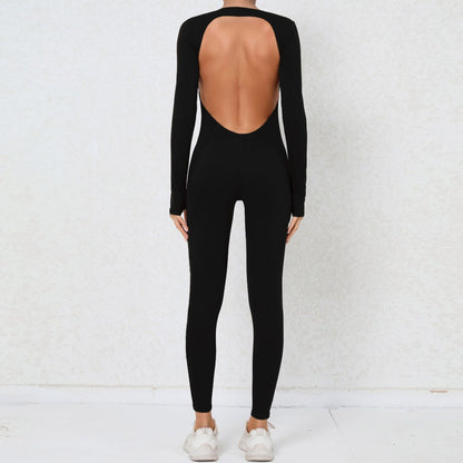 Finger Suit Sexy Backless Nude Feel Long Sleeve Yoga Jumpsuit High Strength Fitness Sports One Piece Tights