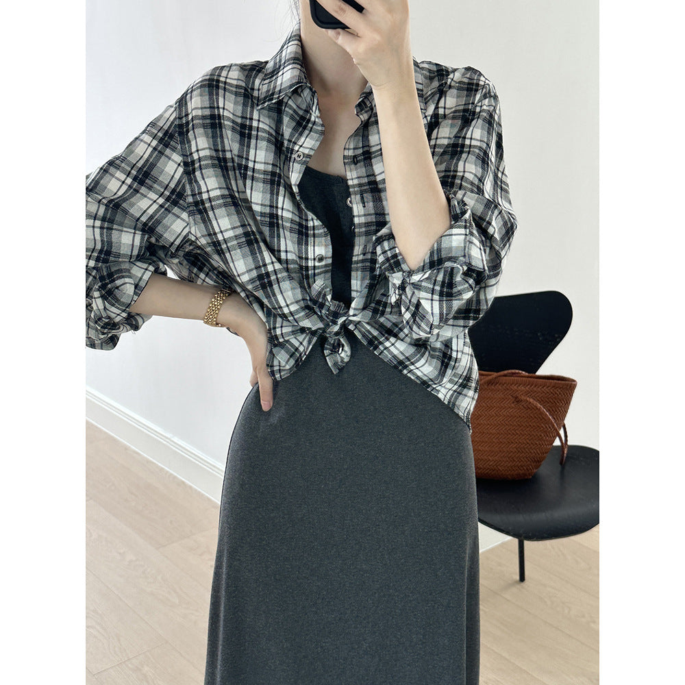 Retro Hong Kong Loose Plaid Long Sleeved Shirt for Women Summer Stylish Shirt Top