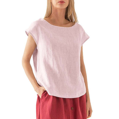 Camiseta de lino de manga corta, ropa especial de lino para mujer, camiseta informal sencilla de verano