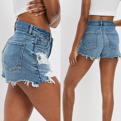 Zerrissene Shorts, geteilte Jeans-Shorts mit hoher Taille, schlankmachende Jeans-Shorts mit ausgefranstem Saum