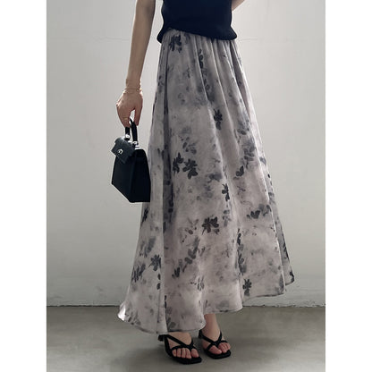 Retro National Ink Blooming Printed Skirt Summer Elastic Waist Long Skirt