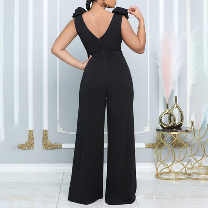 Women Clothing V Neck Sexy Wide Leg Pants Solid Color Turtleneck Sleeveless Fitted Waist Jumpsuit