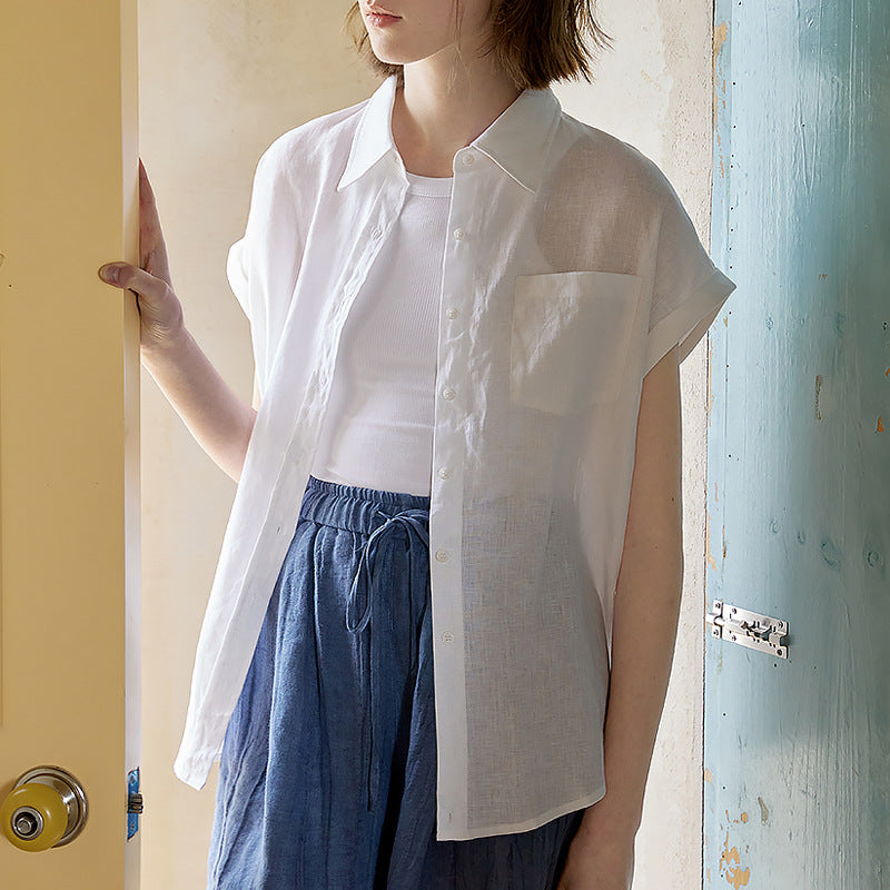 Camisa de lino puro con diseño de nicho francés de verano, camisa de manga corta con solapas holgadas y cómodas simples para mujer