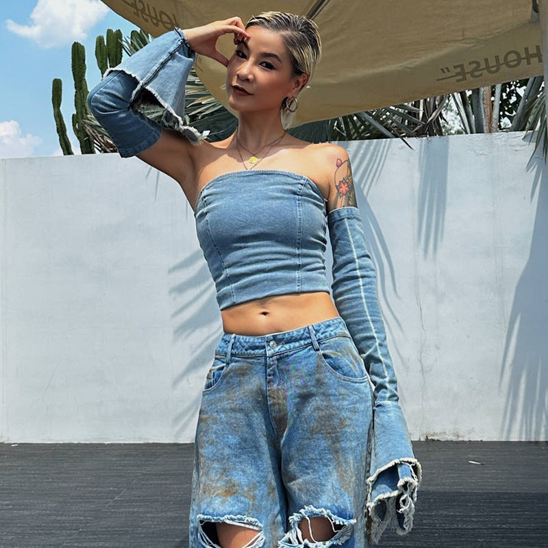 Sexy kurzes Denim-Tube-Top Slim Fit Abnehmen schöner Rücken Tank Top Oberbekleidung Frauen