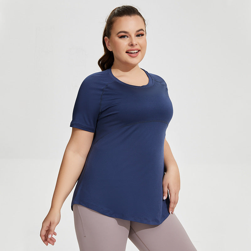 Ropa deportiva de talla grande para mujer, ropa fina de Yoga hasta el muslo, malla de belleza, espalda, transpirable, manga corta, para correr y Fitness