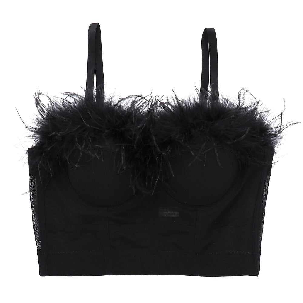 Ostrich Feather off-Shoulder Spaghetti Straps Outer Wear Slim-Fit Sexy Sexy Feather Corset Dance Dancing Lady Shaping Tube Top