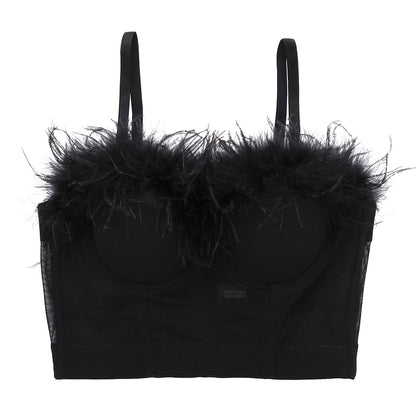 Pluma de avestruz fuera del hombro tirantes finos ropa exterior Slim-Fit Sexy corsé de plumas baile señora Shaping Tube Top