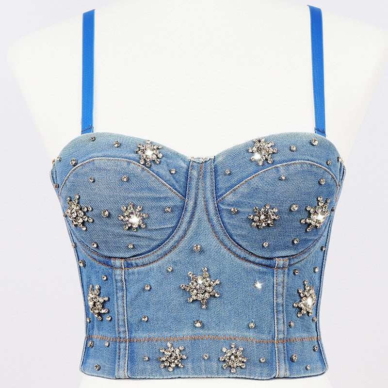 Popular Beaded Vest Low Cut Sling High Waist Cropped Shaping Tube Top Korean Denim Beauty Back Bottoming Shirt Women