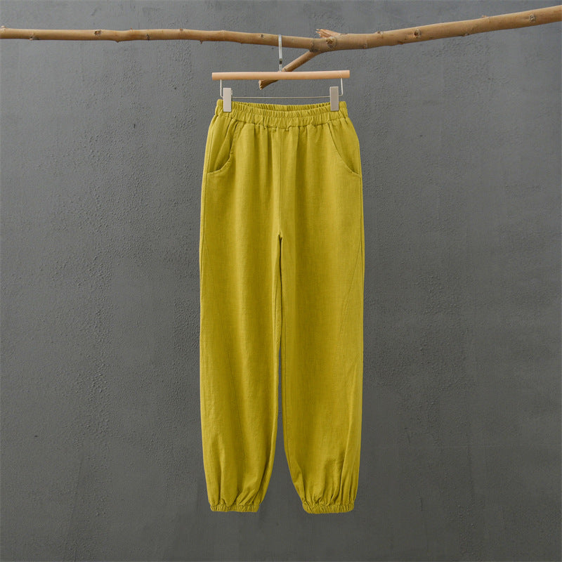 Primavera Verano Algodón Lino Ropa de mujer Retro Lavado a la piedra Ramio Sección de bambú Pantalones casuales Mujeres Algodón Lino Knickerbockers Pantalones de yoga