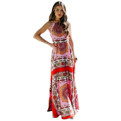 Summer Halter Maxi Dress Sexy Exotic Printed High Waist Sleeveless Office Dress for Women