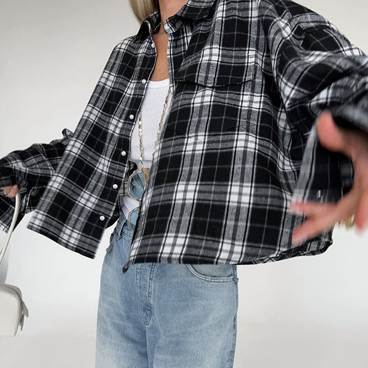 Camisa de calle holgada a cuadros de manga larga con cuello de verano para mujer