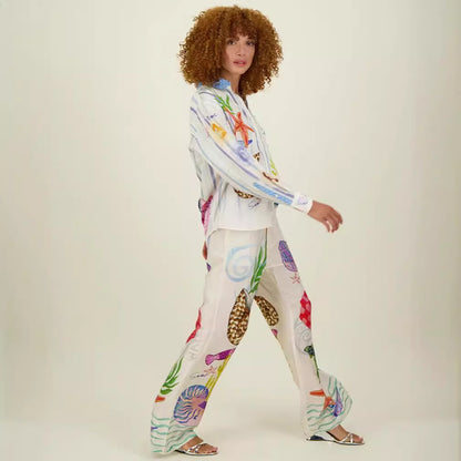 Satin Printed Personalized Graffiti Casual Shirt Trousers Two Piece Suit Amplified craft