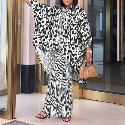 Women Clothing Printing Shirt Wide Leg Pants Two Piece African Suit