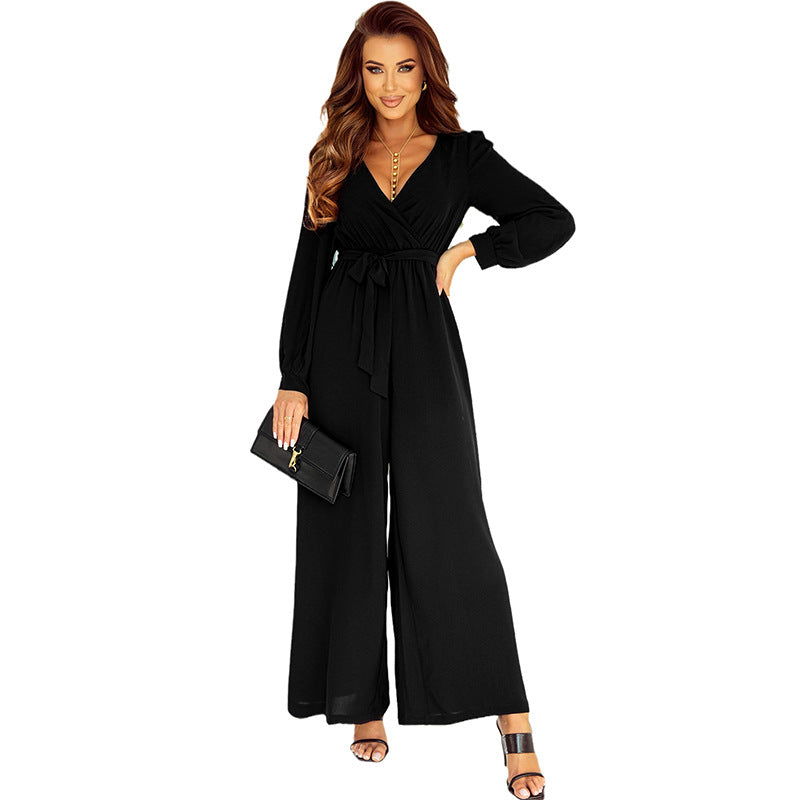 Shiying Sexy Deep V Plunge Neck Jumpsuit Damen Frühling Langarm Einfarbig Business Wear Weite Beinhose Damen