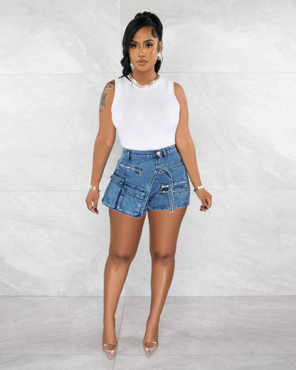 Damen Kleidung Stretch Denim Overalls Reißverschluss Multi Bag Denim Shorts