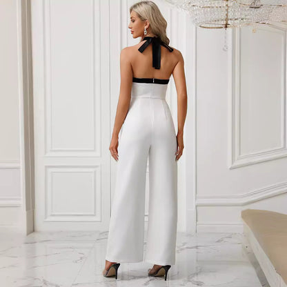 Summer Women's Clothing Color Matching Halter Jumpsuit Hollow Out Cutout out Cinched Trousers Elegant Graceful