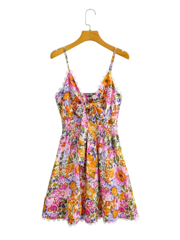 Nuevo vestido con estampado de lazo en el pecho, ropa dulce fresca para mujer, cintura alta, espalda descubierta, corte entallado, vestido acampanado con ráfaga Floral