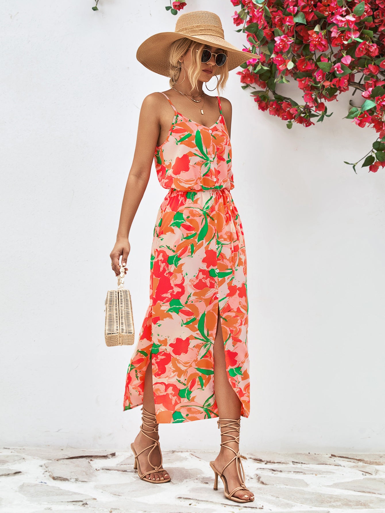 Popular Spaghetti Strap Floral Print Split Dress