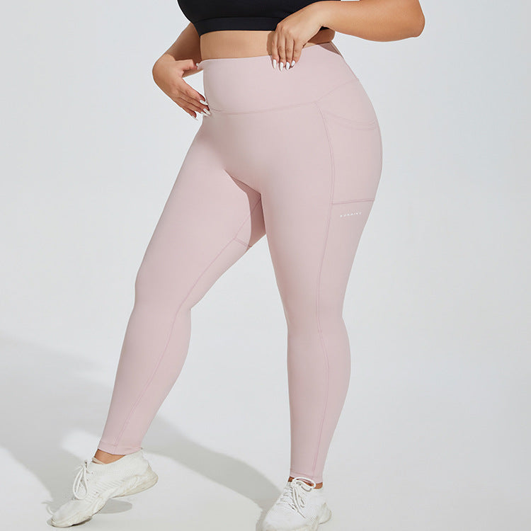 Pantalones deportivos de talla grande con bolsillo para mujer, pantalones deportivos con estampado de letras color melocotón, mallas elásticas de cintura alta para correr y levantar la cadera, pantalones de Yoga para mujer