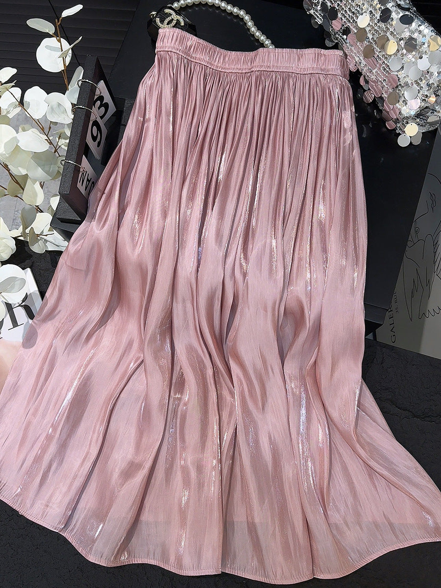 Retro Fashionable Pleated Drooping Slimming High Waist A line Skirt High Grade Glossy Pearlescent Chiffon Pleated Skirt