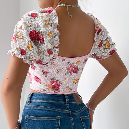 Französische Damenbekleidung, Puffärmel, sexy, florales kurzes Herbst-Korsett-Top mit Knochen