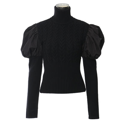 Spring Patchwork Turtleneck Black Sweater Women Small Puff Sleeve Slim Sweater Top