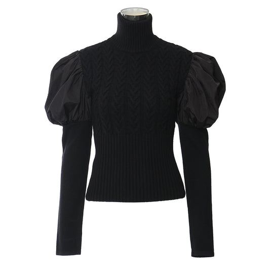 Frühling Patchwork Rollkragen Schwarz Pullover Frauen Kleine Puff Ärmel Schlank Pullover Top