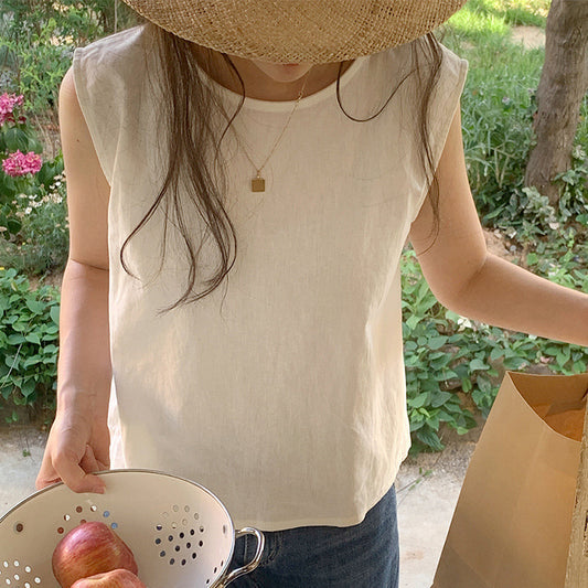 Sommer Ärmelloses T-Shirt aus Baumwolle und Leinen mit Schlitz am Rücken, lässige Weste aus japanischer und koreanischer Ramie-Baumwolle für Damen