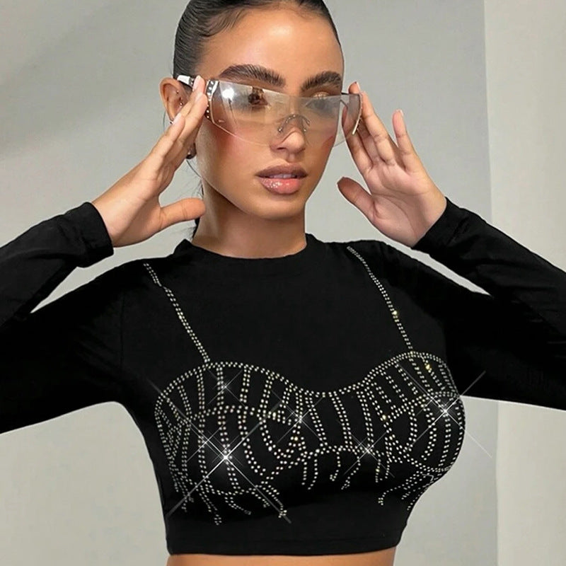 Women Clothing Crew Neck Casual Rhinestone Pattern Long Sleeve Crop Top Short Top