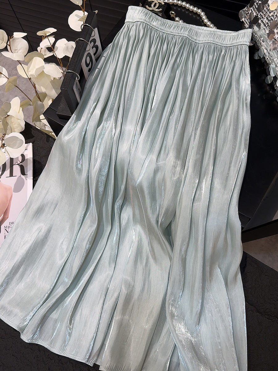 Retro Fashionable Pleated Drooping Slimming High Waist A line Skirt High Grade Glossy Pearlescent Chiffon Pleated Skirt