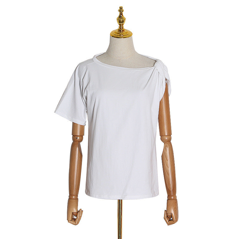 Special Solid Color T shirt Autumn Irregular Asymmetric Shoulder Twist Design round Neck Pullover Cotton Short Sleeve