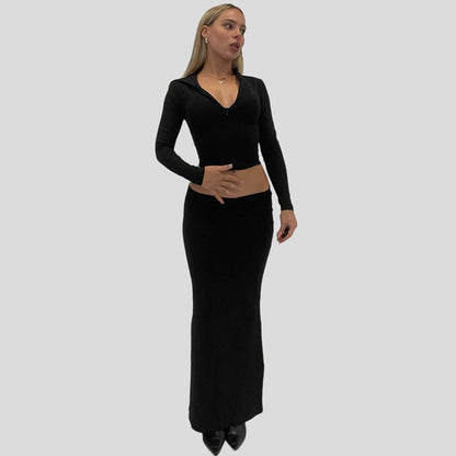 Frühling Sommer Casual Damen Kleidung Einfarbig Schlank Split Low Waist Rock Reißverschluss Kapuzenoberteil Zweiteiliges Set